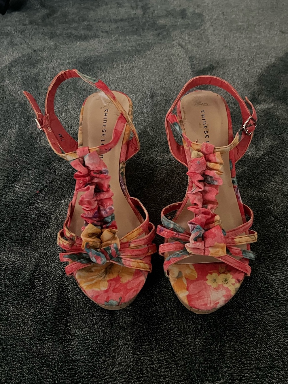 Chinese Laundry Pink Floral Ruffle T-Strap Sandals